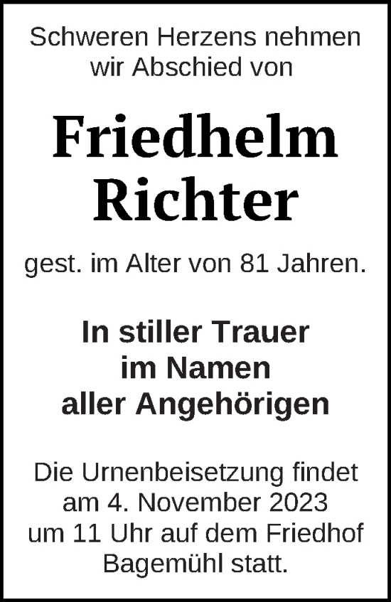 Traueranzeige von Friedhelm Richter von Prenzlauer Zeitung