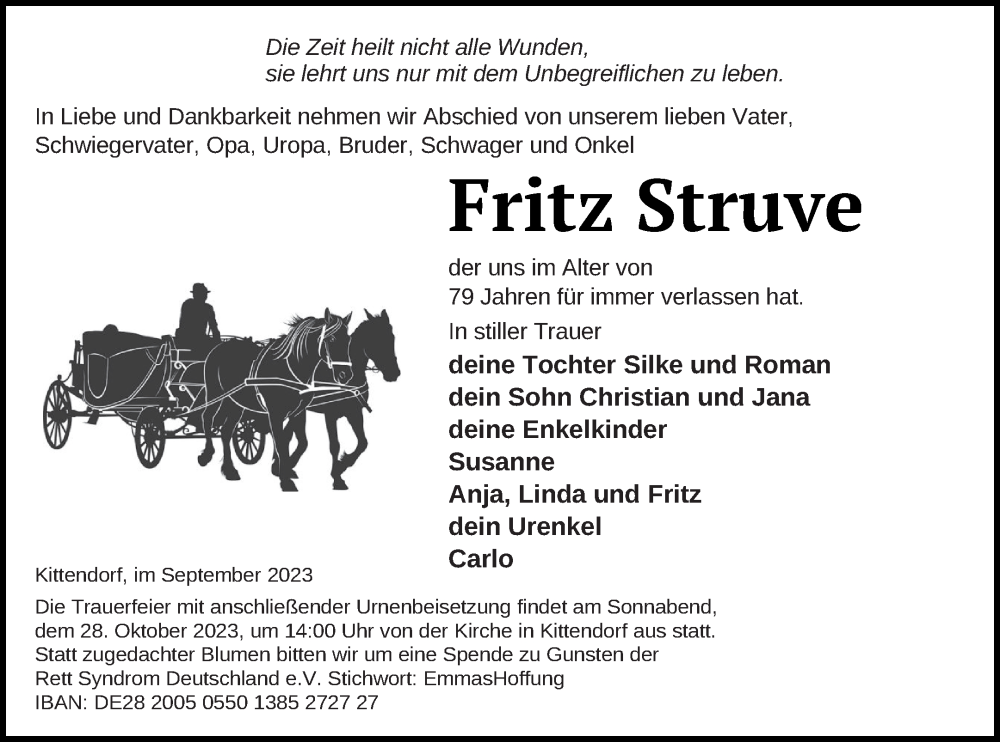  Traueranzeige für Fritz Struve vom 20.10.2023 aus Mecklenburger Schweiz