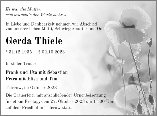 Traueranzeige von Gerda Thiele von Mecklenburger Schweiz
