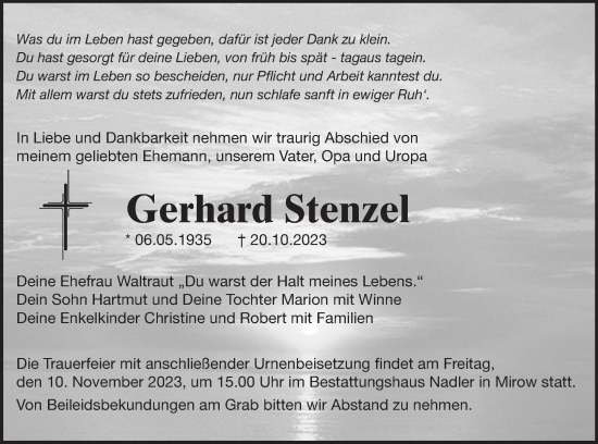 Traueranzeige von Gerhard Stenzel von Strelitzer Zeitung