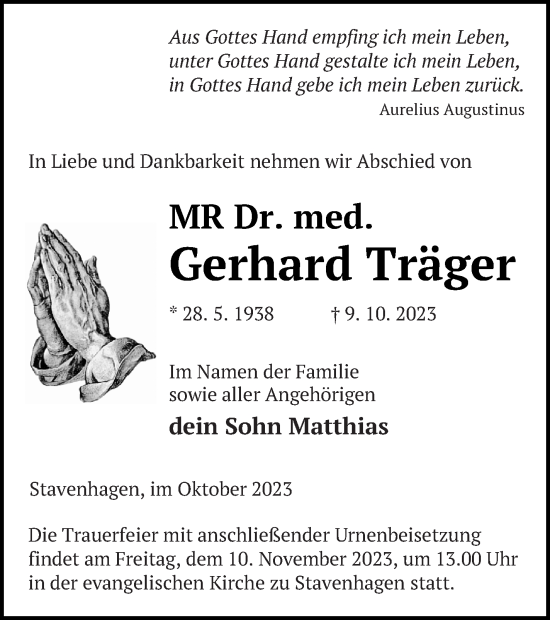 Traueranzeige von Gerhard Träger von Mecklenburger Schweiz