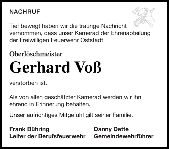 Traueranzeige von Gerhard Voß von Neubrandenburger Zeitung