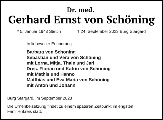 Traueranzeige von Gerhard Ernst von Schöning von Neubrandenburger Zeitung