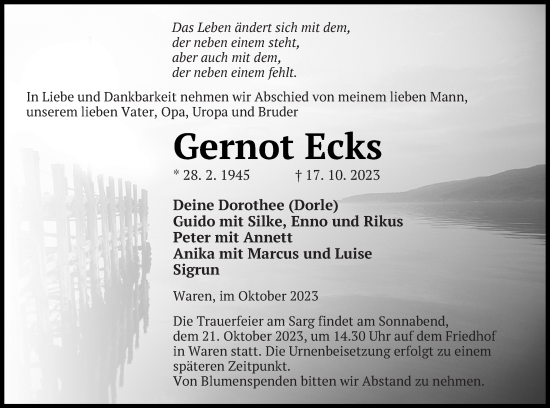 Traueranzeige von Gernot Ecks von Müritz-Zeitung
