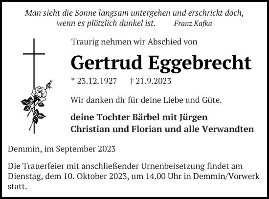 Traueranzeige von Gertrud Eggebrecht von Vorpommern Kurier