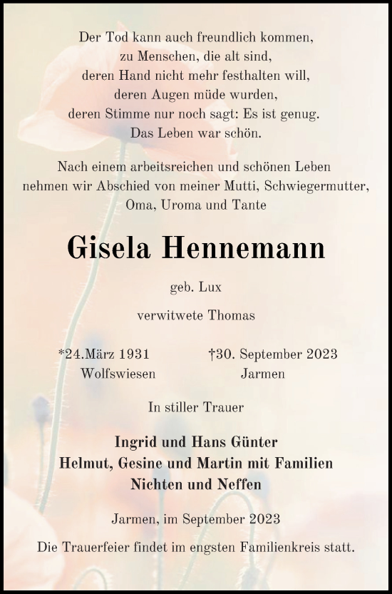 Traueranzeige von Gisela Hennemann von Vorpommern Kurier