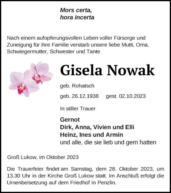 Traueranzeige von Gisela Nowak von Müritz-Zeitung
