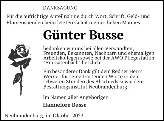 Traueranzeige von Günter Busse von Neubrandenburger Zeitung