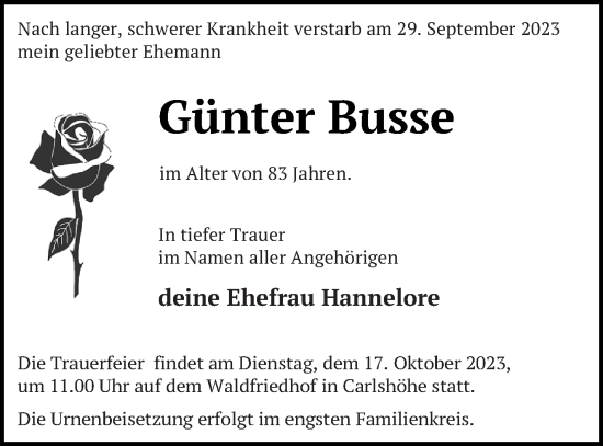 Traueranzeige von Günter Busse von Neubrandenburger Zeitung