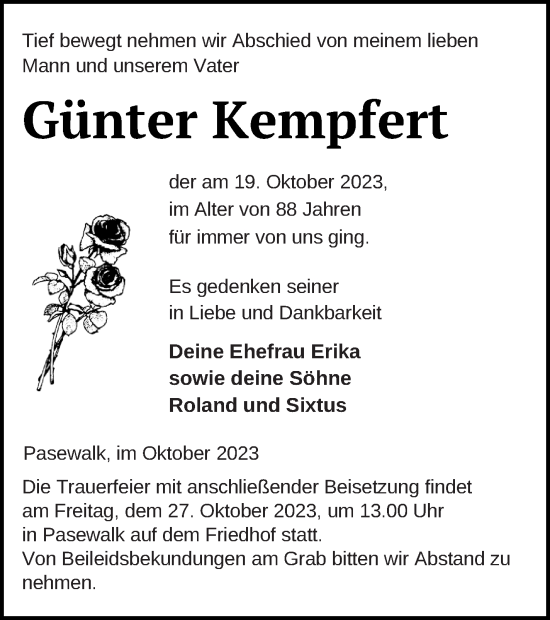 Traueranzeige von Günter Kempfert von Pasewalker Zeitung