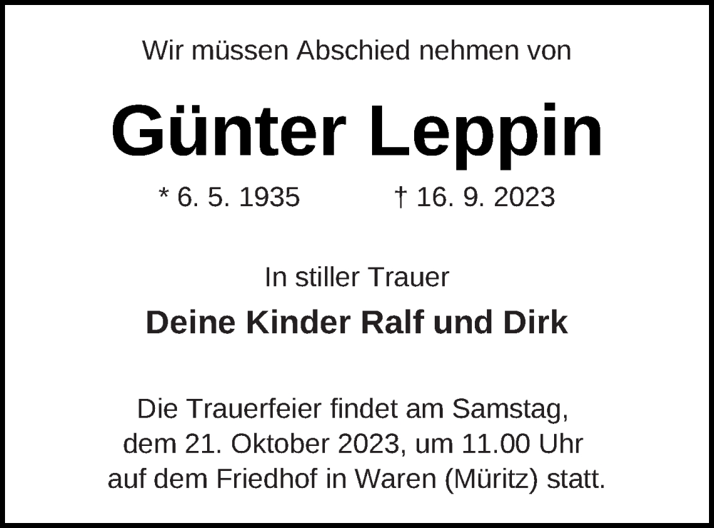  Traueranzeige für Günter Leppin vom 06.10.2023 aus Müritz-Zeitung