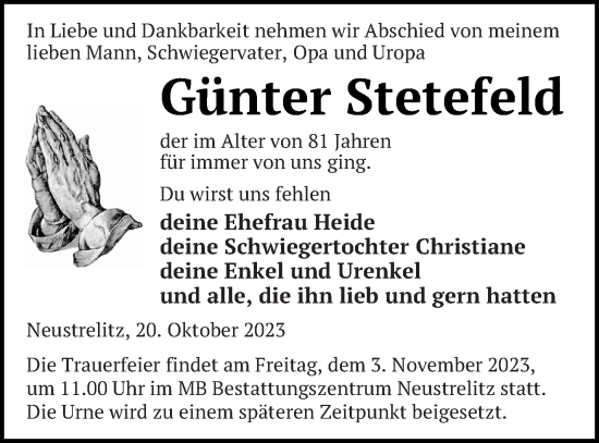 Traueranzeige von Günter Stetefeld von Strelitzer Zeitung
