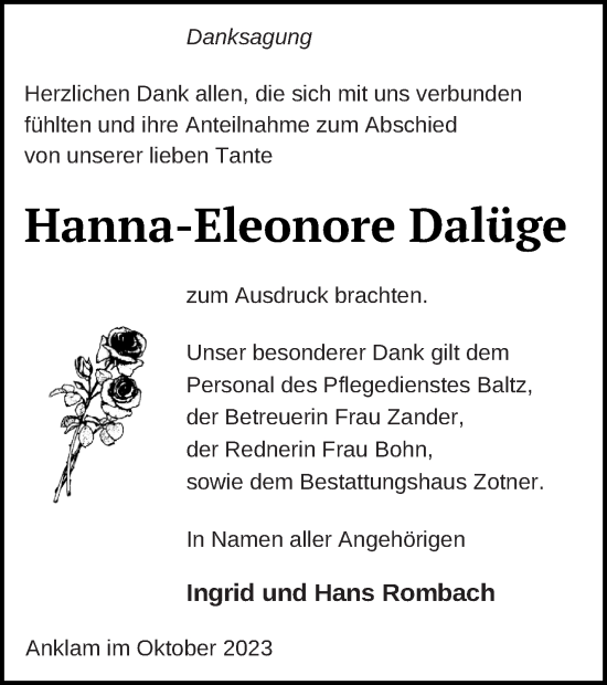 Traueranzeige von Hanna-Eleonore Dalüge von Vorpommern Kurier