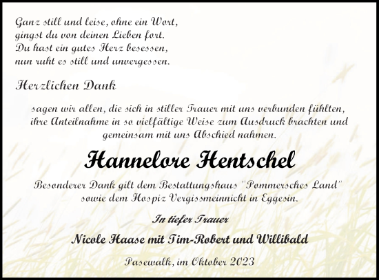 Traueranzeige von Hannelore Hentschel von Haff-Zeitung