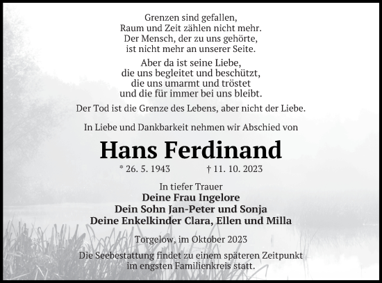 Traueranzeige von Hans Ferdinand von Haff-Zeitung