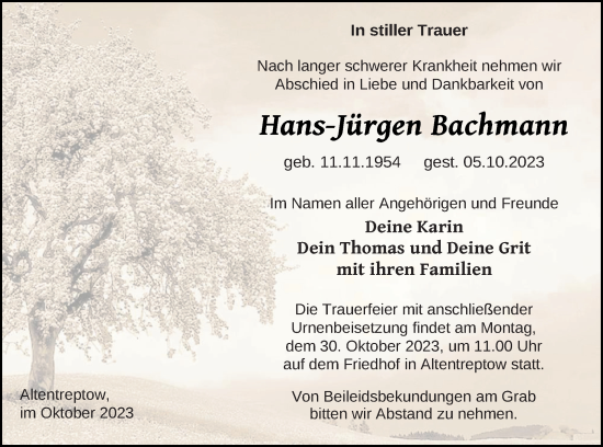 Traueranzeige von Hans-Jürgen Bachmann von Neubrandenburger Zeitung