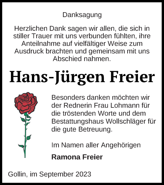 Traueranzeige von Hans-Jürgen Freier von Templiner Zeitung