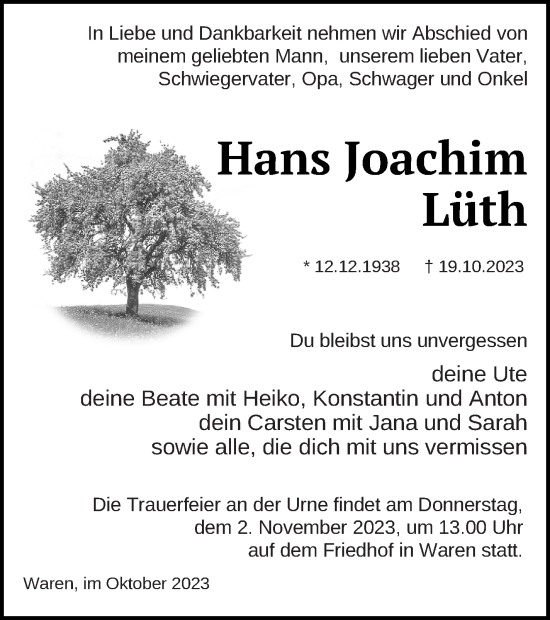 Traueranzeige von Hans Joachim Lüth von Müritz-Zeitung