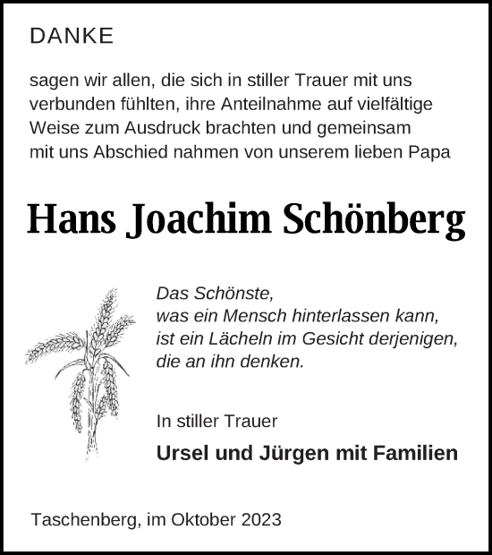 Traueranzeige von Hans Joachim Schönberg von Prenzlauer Zeitung