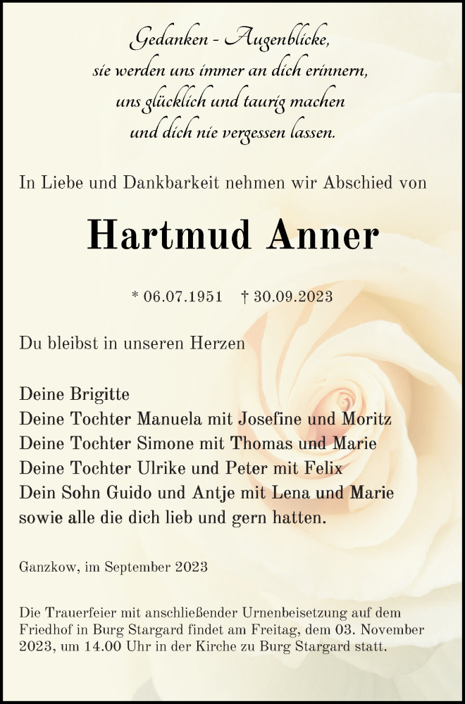  Traueranzeige für Hartmud Anner vom 06.10.2023 aus Neubrandenburger Zeitung