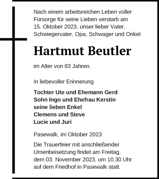 Traueranzeige von Hartmut Beutler von Pasewalker Zeitung