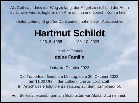 Traueranzeige von Hartmut Schildt von Vorpommern Kurier