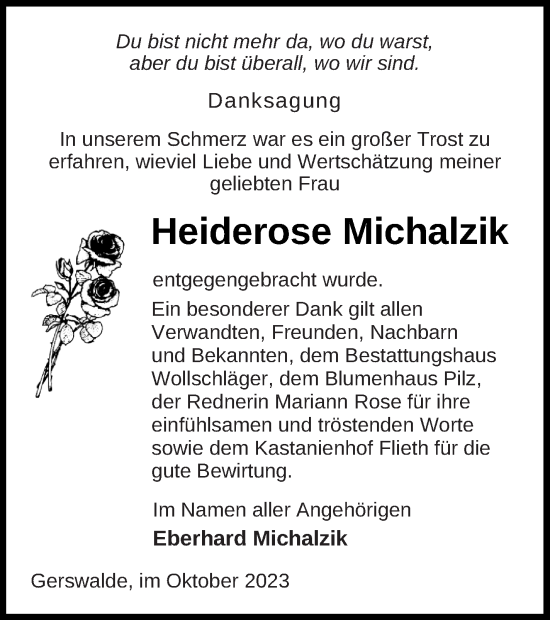 Traueranzeige von Heiderose Michalzik von Templiner Zeitung