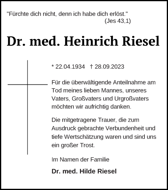 Traueranzeige von Heinrich Riesel von Müritz-Zeitung