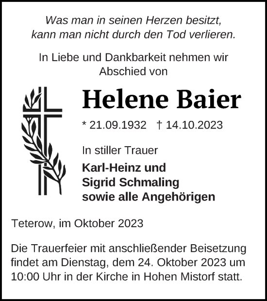 Traueranzeige von Helene Baier von Mecklenburger Schweiz