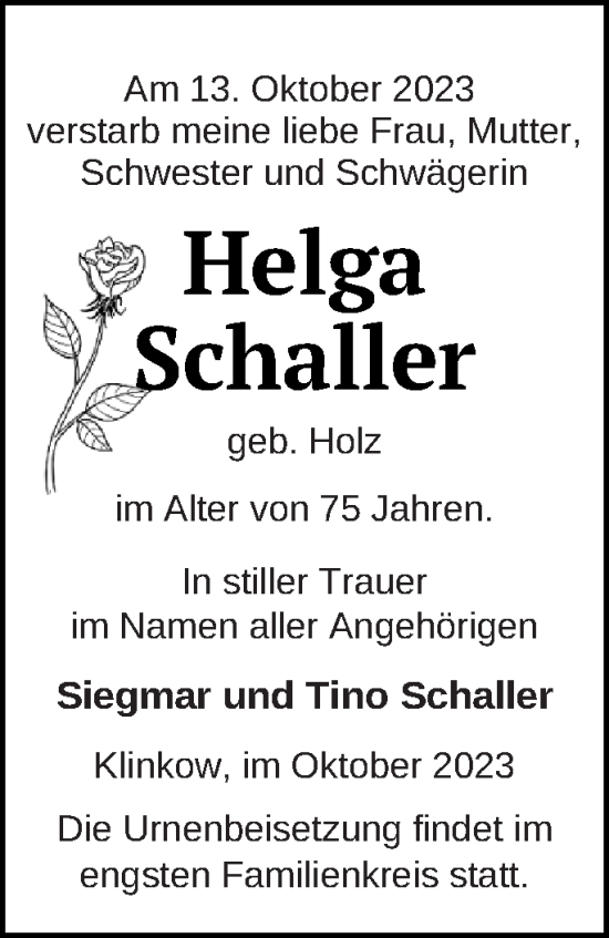 Traueranzeige von Helga Schaller von Prenzlauer Zeitung
