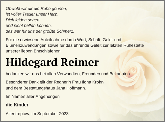 Traueranzeige von Hildegard Reimer von Neubrandenburger Zeitung