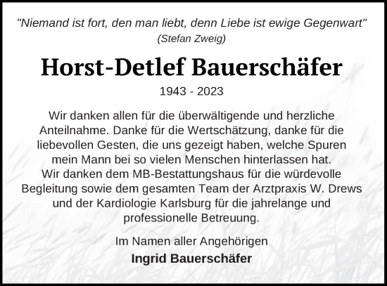 Traueranzeige von Horst-Detlef Bauerschäfer von Strelitzer Zeitung