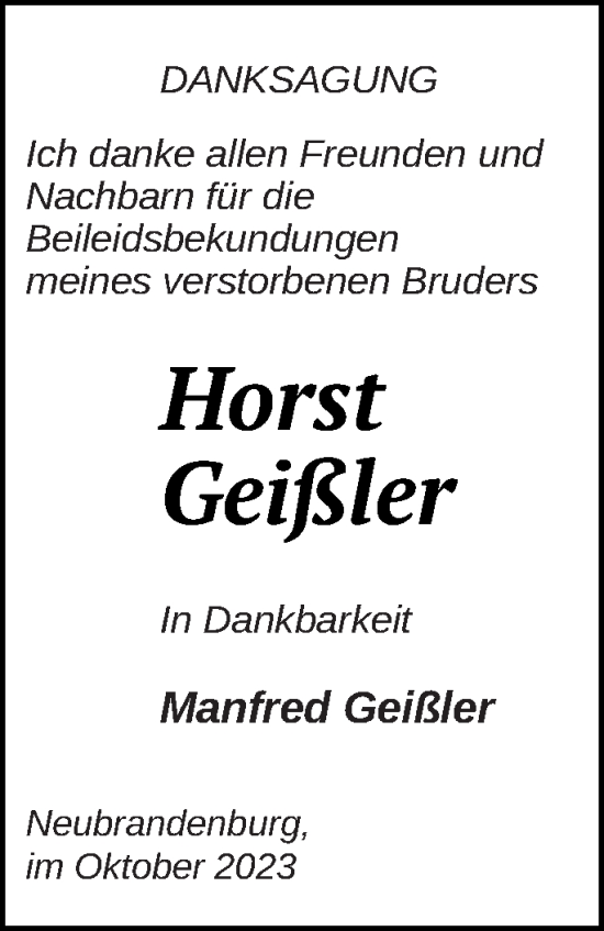 Traueranzeige von Horst Geißler von Neubrandenburger Zeitung