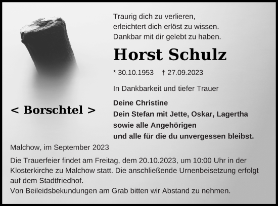 Traueranzeige von Horst Schulz von Müritz-Zeitung