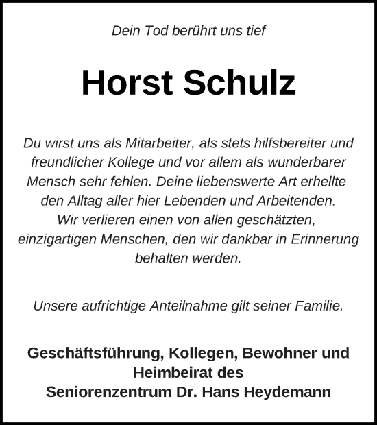 Traueranzeige von Horst Schulz von Müritz-Zeitung