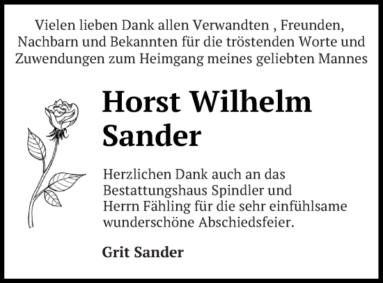 Traueranzeige von Horst Wilhelm Sander von Demminer Zeitung