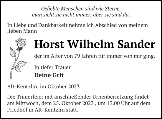 Traueranzeige von Horst Wilhelm Sander von Mecklenburger Schweiz