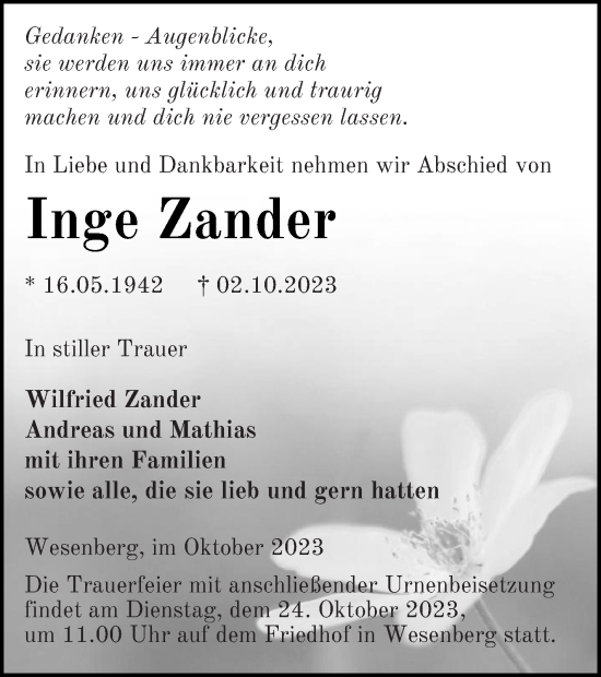 Traueranzeige von Inge Zander von Strelitzer Zeitung