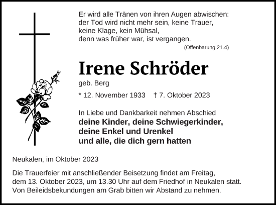 Traueranzeige von Irene Schröder von Mecklenburger Schweiz