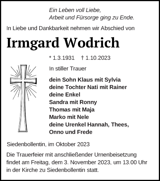 Traueranzeige von Irmgard Wodrich von Neubrandenburger Zeitung