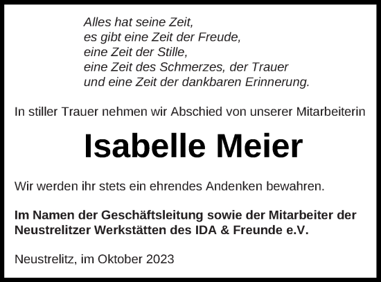 Traueranzeige von Isabelle Meier von Strelitzer Zeitung
