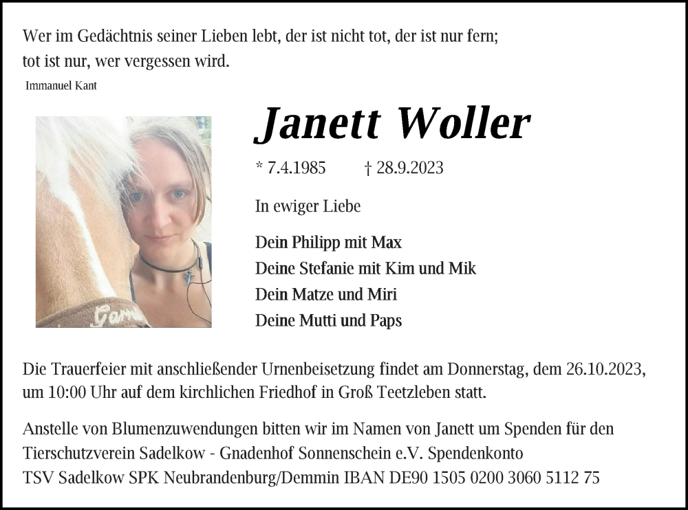  Traueranzeige für Janett Woller vom 14.10.2023 aus Neubrandenburger Zeitung