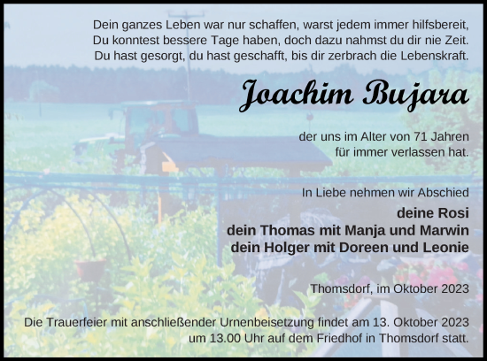 Traueranzeige von Joachim Bujara von Templiner Zeitung