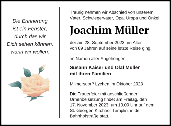 Traueranzeige von Joachim Müller von Templiner Zeitung