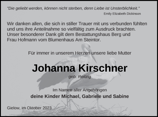 Traueranzeige von Johanna Kirschner von Mecklenburger Schweiz