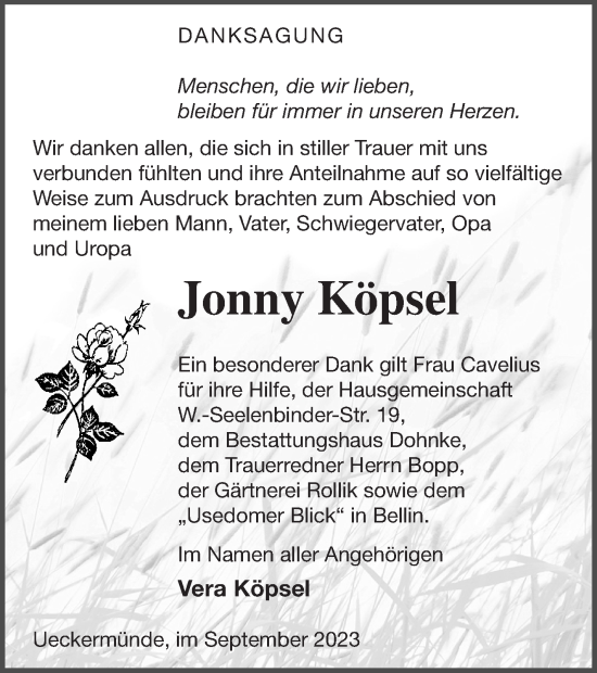Traueranzeige von Jonny Köpsel von Haff-Zeitung