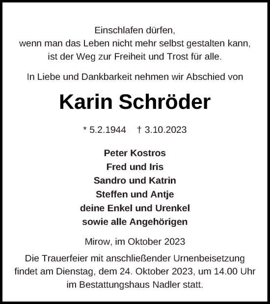 Traueranzeige von Karin Schröder von Strelitzer Zeitung