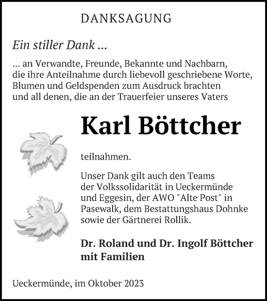 Traueranzeige von Karl Böttcher von Haff-Zeitung