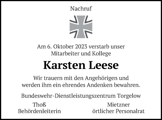 Traueranzeige von Karsten Leese von Haff-Zeitung