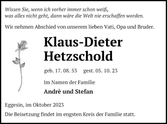 Traueranzeige von Klaus-Dieter Hetzschold von Haff-Zeitung